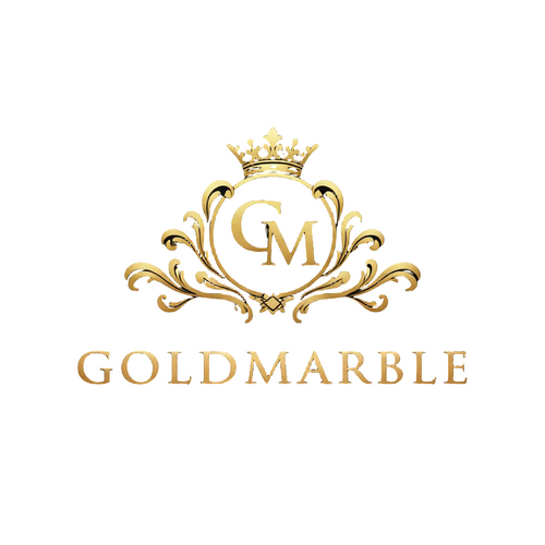 Goldmarble logo on a black marble background